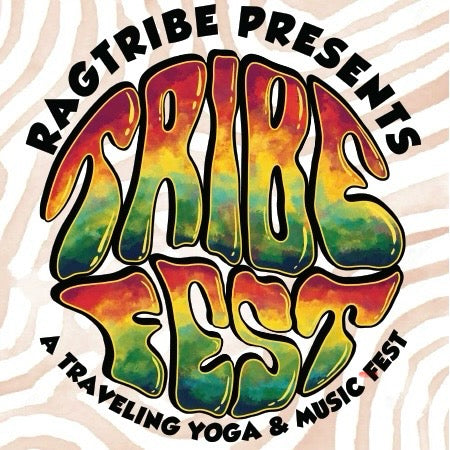 A colorful vinyl sticker with the text 'TRIBE FEST' and 'A TRAVELING YOGA & MUSIC FESTIVAL' in bold, bold colors on a patterned background.