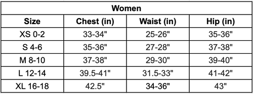 Women's size chart showing chest, waist, and hip measurements for XS–XL.