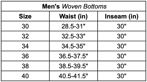 Men's woven bottoms size chart with waist and inseam measurements for sizes 30–40.