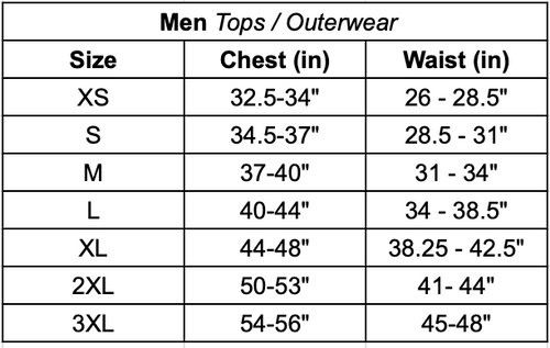 Men's tops and outerwear size chart with chest and waist measurements from XS to 3XL