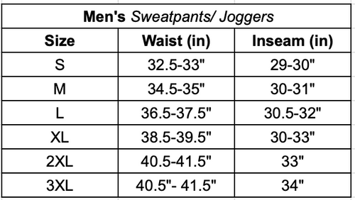 Men's sweatpants and joggers size chart with waist and inseam measurements.