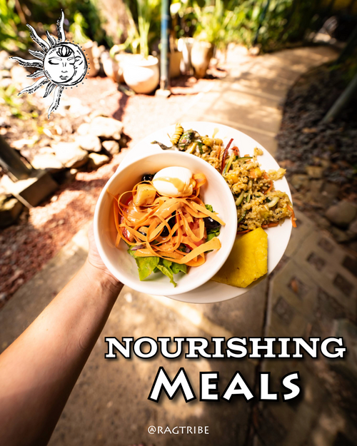 Two bowls of food held by a person outdoors with 'Nourishing Meals' text and 'Ragtribe' logo.