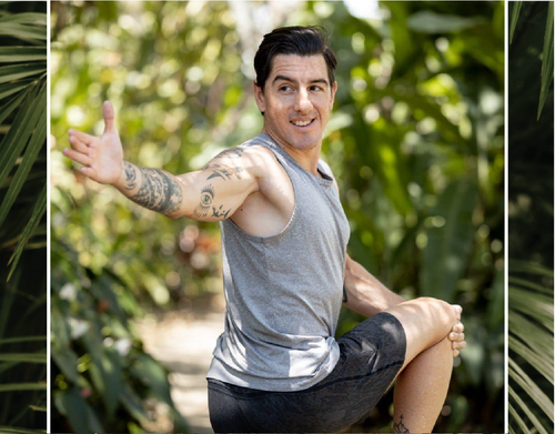A portrait of Marco Amador, a fitness instructor, posing in a yoga stance