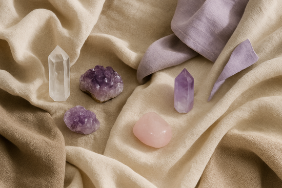 background of natural fabrics and crystal with pops of light purple. no bows