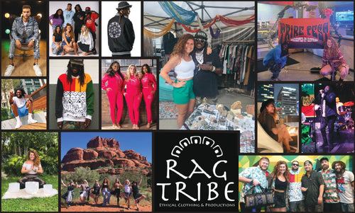 A photo collage showing diverse people in clothing from Rag Tribe Ethical Clothing & Productions